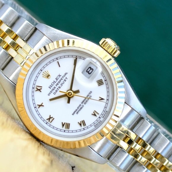 ROLEX DATEJUST WHITE ROMAN DIAL 18K GOLD FLUTED JUBILEE TWOTONE WATCH 26MM 69173 - Picture 2 of 13